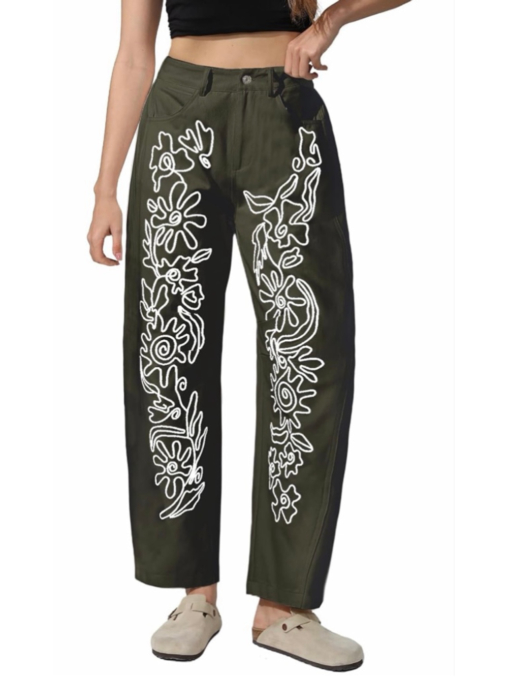 NEW Embroidered Baggy Boyfriend Barrel Leg Horseshoe Pants S 26/25